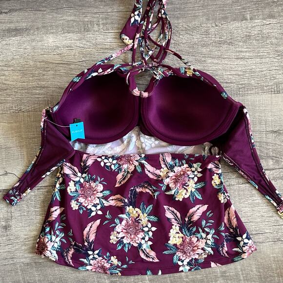 Ambrielle NEW Push Up Bandeau Floral D Cup Swim Tankini Top M/L Strappy Halter - Picture 8 of 9